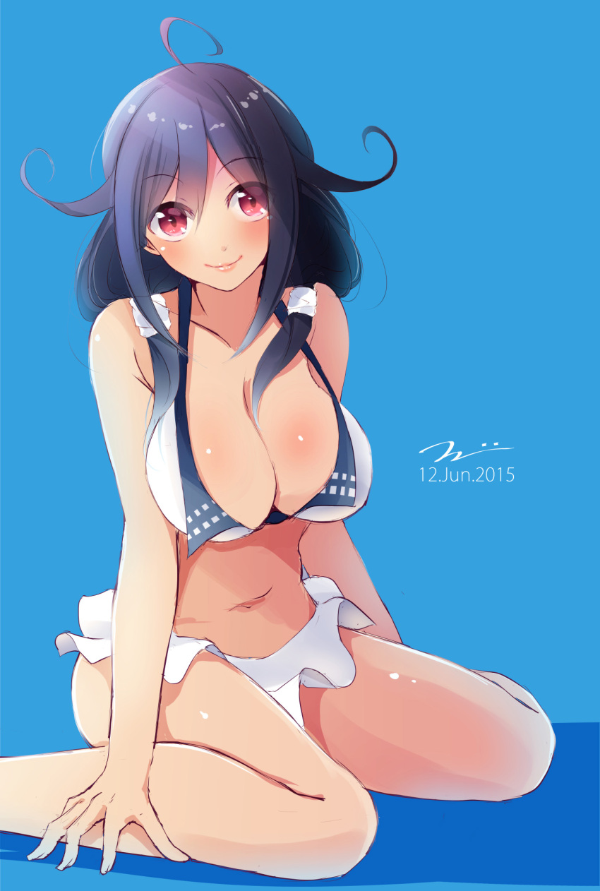 1girl ahoge bikini blue_background blue_hair blush breasts cleavage collarbone dated highres kantai_collection large_breasts long_hair looking_at_viewer navel red_eyes simple_background sitting smile solo strap_gap swimsuit taigei_(kantai_collection) tbd11 wariza