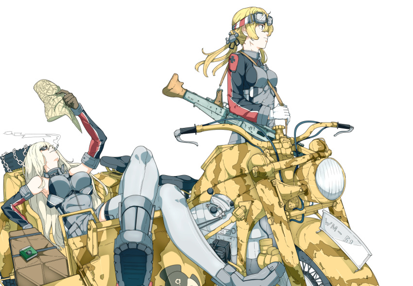 2girls arm_up between_breasts bismarck_(kantai_collection) blonde_hair breasts cigarette crossed_legs detached_sleeves gloves goggles goggles_on_head grey_legwear gun kantai_collection looking_to_the_side low_twintails machine_gun map mg42 motor_vehicle motorcycle multiple_girls ninimo_nimo no_hat prinz_eugen_(kantai_collection) sitting sunglasses thigh-highs twintails vehicle weapon white_background white_gloves