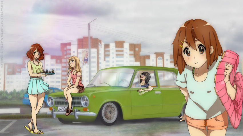 apartment car clouds cloudy_sky company_connection crossover hibike!_euphonium highres hirasawa_yui k-on! kotobuki_tsumugi motor_vehicle oumae_kumiko revision road sky tanaka_asuka vehicle