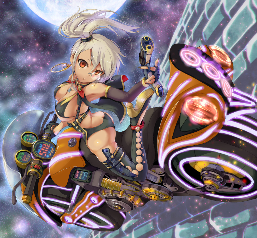 1girl armadillo-tokage breasts butt_crack cape cleavage dark_skin detached_collar earrings elbow_gloves fingerless_gloves gloves grey_hair gun high_heels highres holding_gun jewelry knife looking_at_viewer million_arthur_(series) monocle motor_vehicle motorcycle red_eyes sheath sheathed side_ponytail solo thigh-highs vehicle weapon