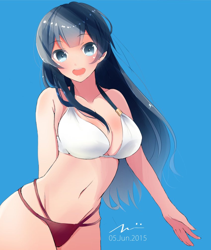 1girl :d agano_(kantai_collection) bikini black_hair blue_background blue_eyes breasts cleavage collarbone cowboy_shot dated groin highres kantai_collection long_hair looking_at_viewer navel open_mouth simple_background smile solo swimsuit tbd11