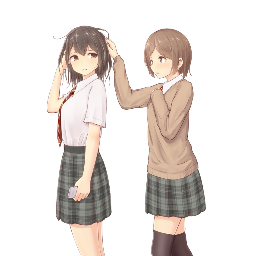 2girls black_hair brown_eyes brown_hair cellphone collared_shirt commentary_request hair_ornament hairclip hand_in_another's_hair highres minagiku multiple_girls necktie original phone school_uniform shirt shirt_tucked_in short_hair simple_background smartphone thigh-highs white_background white_shirt