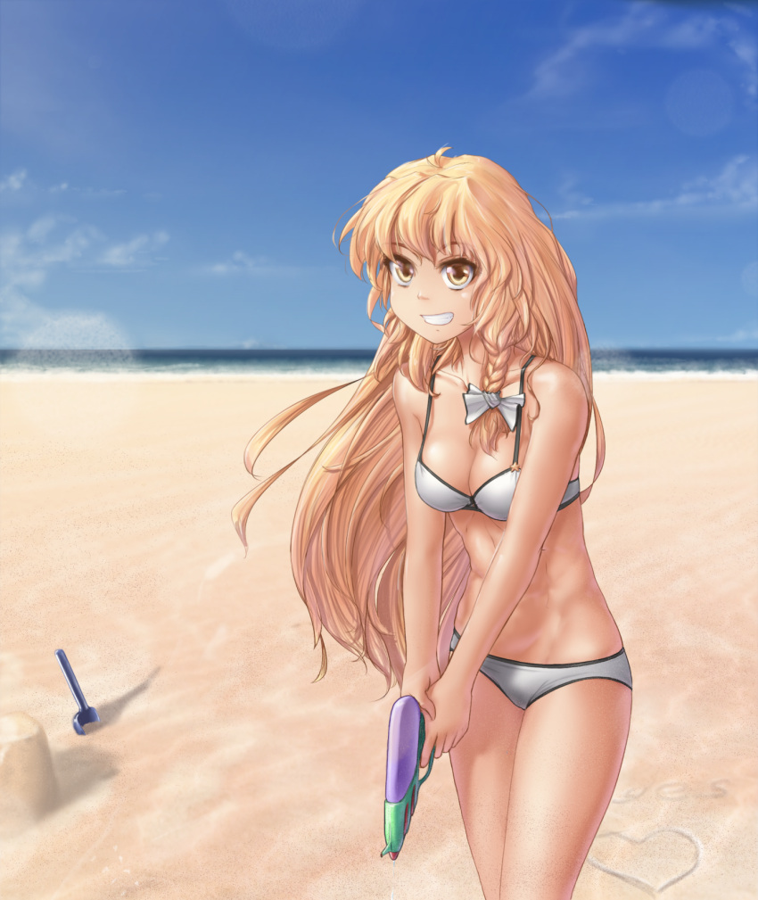 1girl abs beach bikini blonde_hair braid breasts cleavage clouds grin hater_(artist) heart highres kirisame_marisa long_hair midriff navel ocean outdoors sand shovel single_braid sky smile solo strap_gap swimsuit touhou water water_gun worktool yellow_eyes yes