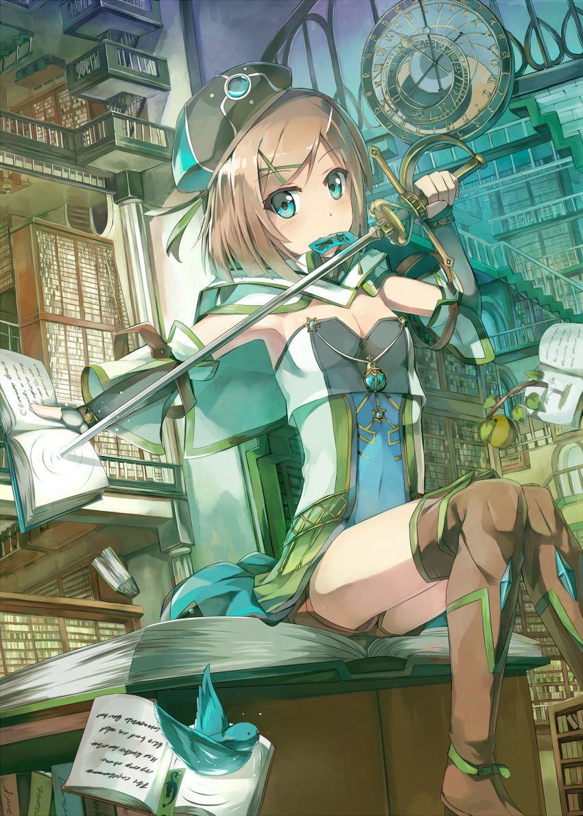 1girl absurdres blue_eyes book brown_hair hat highres library looking_at_viewer magic mouth_hold original rapier seneto short_hair sitting small_breasts solo sword weapon