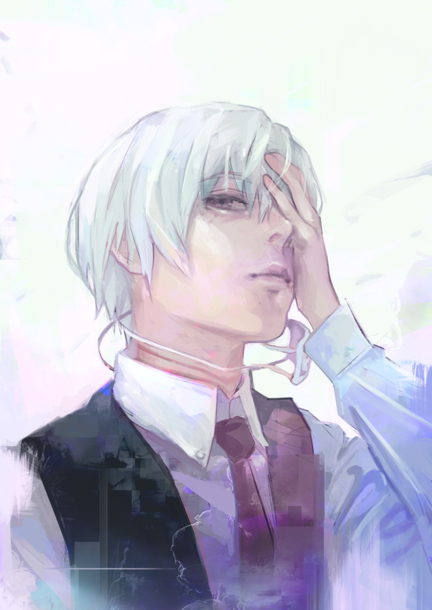 1boy bangs black_necktie black_vest closed_mouth collared_shirt covering_one_eye grey_background hand_on_own_face highres kaneki_ken kyuuba_melo long_sleeves male_focus necktie shirt short_hair simple_background smile solo tokyo_ghoul upper_body vest white_hair white_shirt