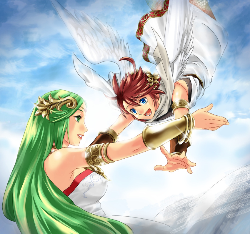 1boy 1girl ahoge blue_eyes breasts brown_hair green_eyes green_hair highres jewelry karasuma_pink kid_icarus kid_icarus_uprising large_breasts long_hair necklace outstretched_arms palutena pit_(kid_icarus) smile tiara