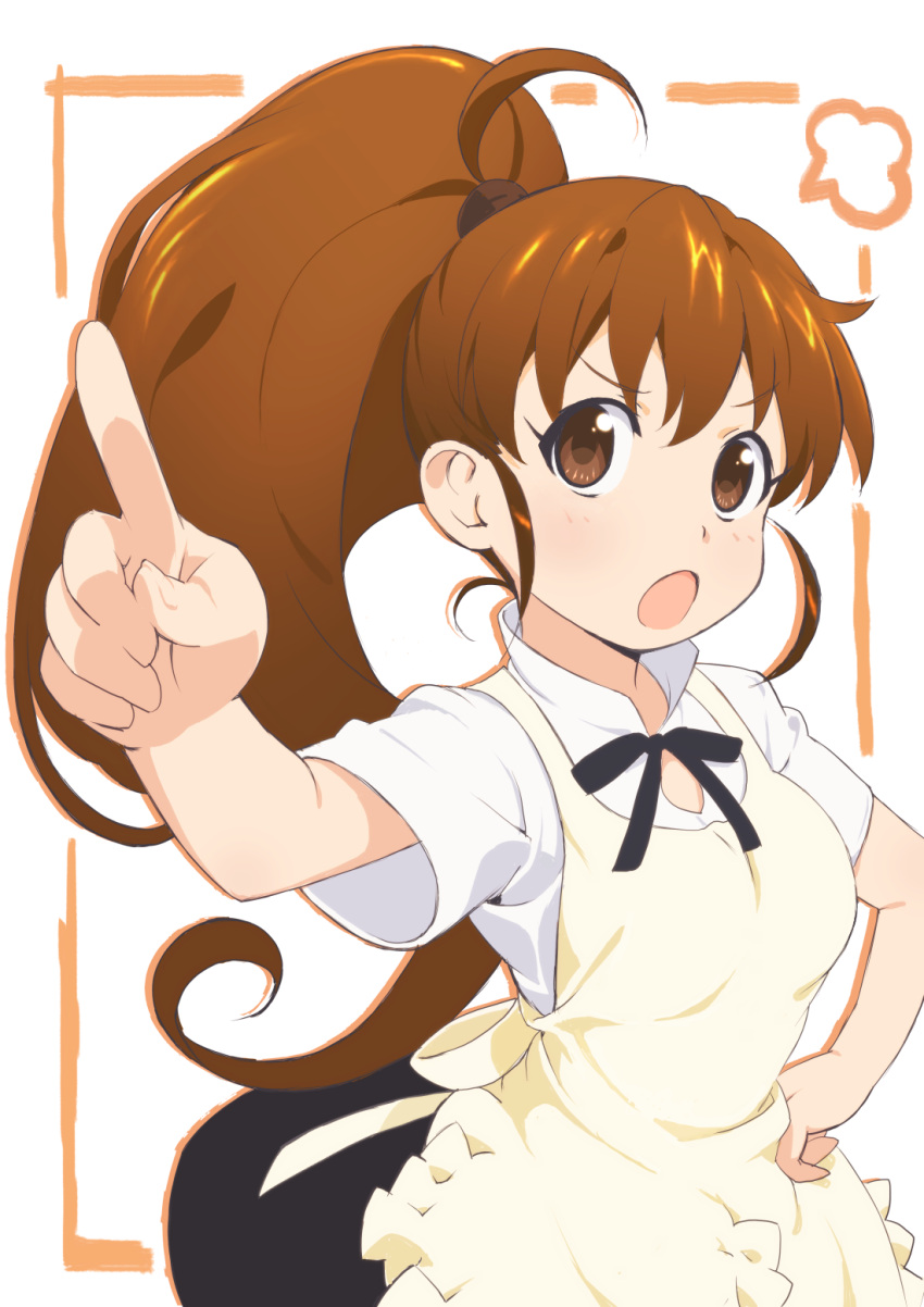 1girl ahoge apron blush breasts brown_eyes brown_hair hand_on_hip highres long_hair open_mouth pocho pointing ponytail skirt solo taneshima_popura waitress working!!