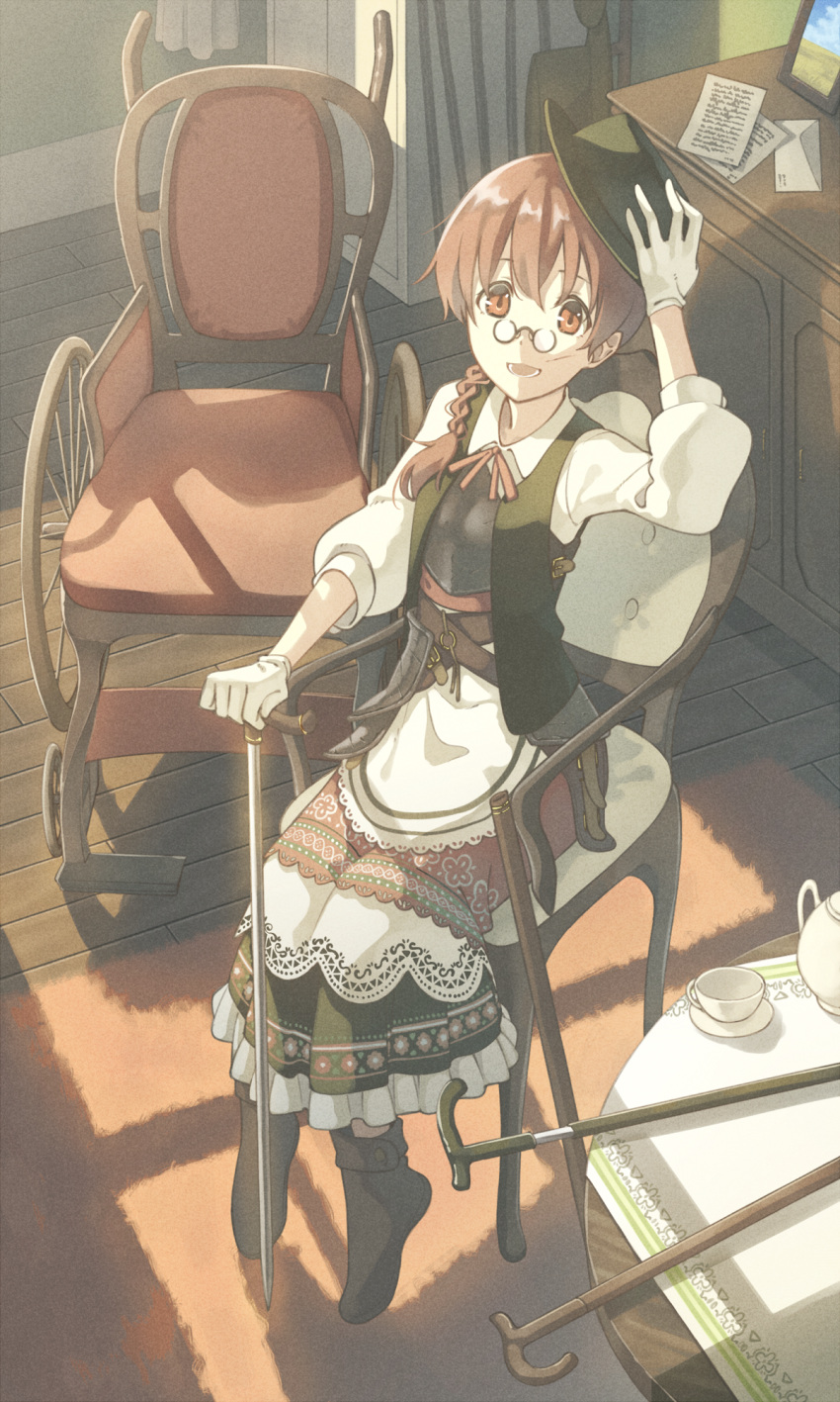 1girl brown_eyes brown_hair cane chair crutch cup frills glasses hat highres lace million_arthur_(series) original pince-nez seu_(hutotomomo) short_hair solo teacup teapot vest wheelchair