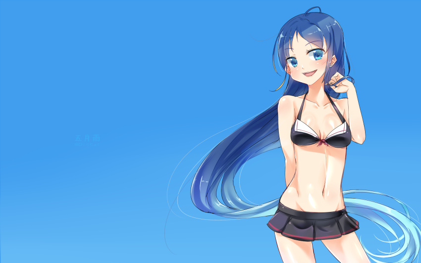 1girl adjusting_hair alternate_costume arm_behind_back bangs bikini blue_background blue_eyes blue_hair gradient gradient_background gradient_hair highres kantai_collection long_hair looking_at_viewer lzd multicolored_hair navel open_mouth samidare_(kantai_collection) simple_background skirt smile solo swept_bangs swimsuit very_long_hair