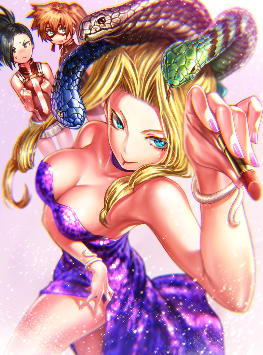 &gt;:&lt; 3girls :&lt; aqua_eyes black_eyes black_hair blonde_hair boku_no_hero_academia bracelet breasts center_opening chromatic_aberration cleavage cobra_(animal) collarbone creator_connection domino_mask dress forked_tongue hair_intakes highres holding jewelry kendou_itsuka lain large_breasts light_particles lipstick long_hair makeup mask multiple_girls nail_polish navel orange_hair oumagadoki_doubutsuen pink_nails purple_dress side_ponytail slit_pupils smile snake snake_hair strapless_dress tongue tongue_out uwabami yaoyorozu_momo