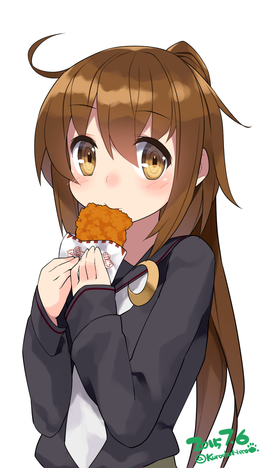 1girl black_serafuku brown_eyes brown_hair commentary_request crescent_moon croquette dated eating fumizuki_(kantai_collection) highres kantai_collection kuro_chairo_no_neko long_hair looking_at_viewer moon mouth_hold neckerchief ponytail school_uniform serafuku simple_background solo twitter_username upper_body white_background