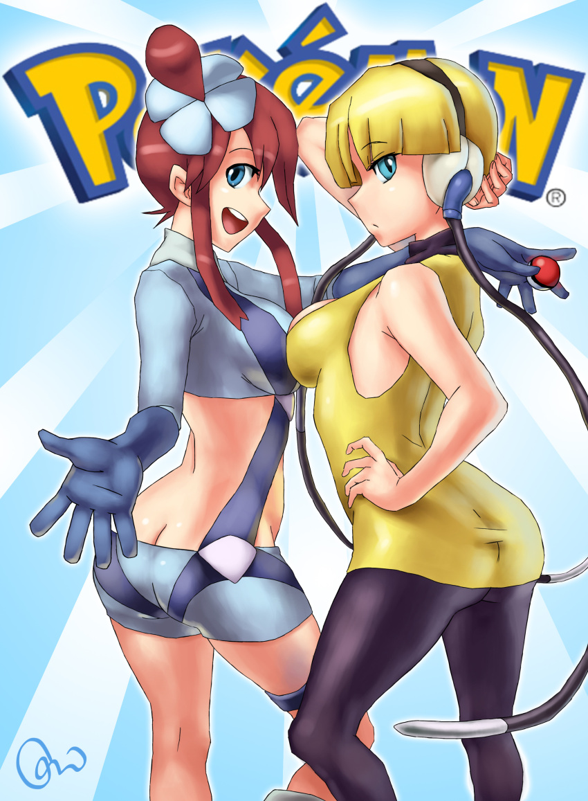 2girls absurdres aqua_eyes ass bangs black_legwear blonde_hair blue_eyes blue_gloves blunt_bangs breast_press breasts butt_crack cable copyright_name dress from_behind fuuro_(pokemon) gloves gym_leader hair_ornament halterneck headphones highres holding holding_poke_ball kamitsure_(pokemon) looking_back midriff multiple_girls one_side_up onichan-xd pantyhose poke_ball pokemon pokemon_(game) pokemon_bw redhead short_dress shorts sideways_mouth smile suspenders symmetrical_docking