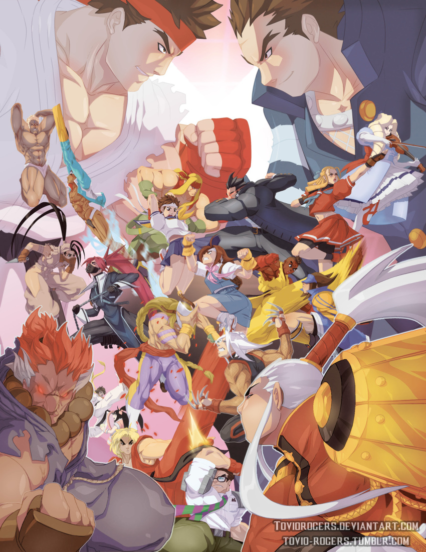 6+boys 6+girls alex_(street_fighter) balrog beads black_hair blonde_hair brown_hair capcom chain covered_eyes dark_skin dougi drill_hair elbow_gloves epaulettes fingerless_gloves flippers gloves gouki headband highres himezaki_aoi ibuki_(street_fighter) ichimonji_batsu imawano_hyou instrument kanzuki_karin karuizawa_momo kasugano_sakura kazama_daigo ken_masters kirishima_kurou kirishima_yurika kunai makoto_(street_fighter) multiple_boys multiple_girls namikawa_nagare pantyhose prayer_beads project_justice racket redhead rival_schools roberto_miura ryuu_(street_fighter) school_uniform sean_matsuda shimazu_hideo soccer_uniform sportswear street_fighter swim_briefs tennis_racket tovio_rogers twin_drills urien violin visor wakaba_hinata watermark weapon web_address white_hair white_legwear