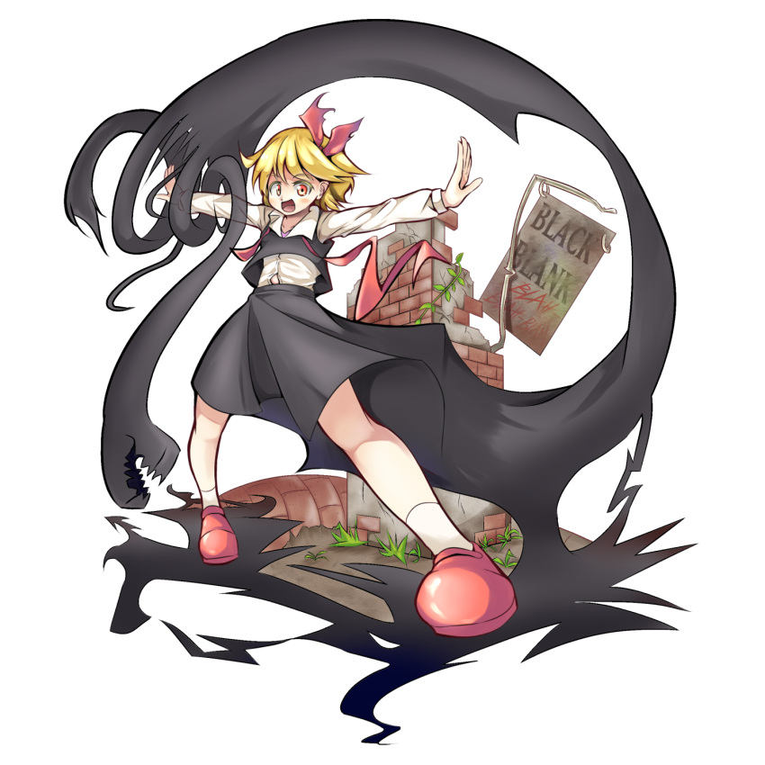 1girl :d blah_blah_blah blonde_hair brick_wall captain_nagase darkness english hair_ribbon highres open_mouth outstretched_arms red_eyes ribbon rumia shirt short_hair sign skirt smile spread_arms touhou vest