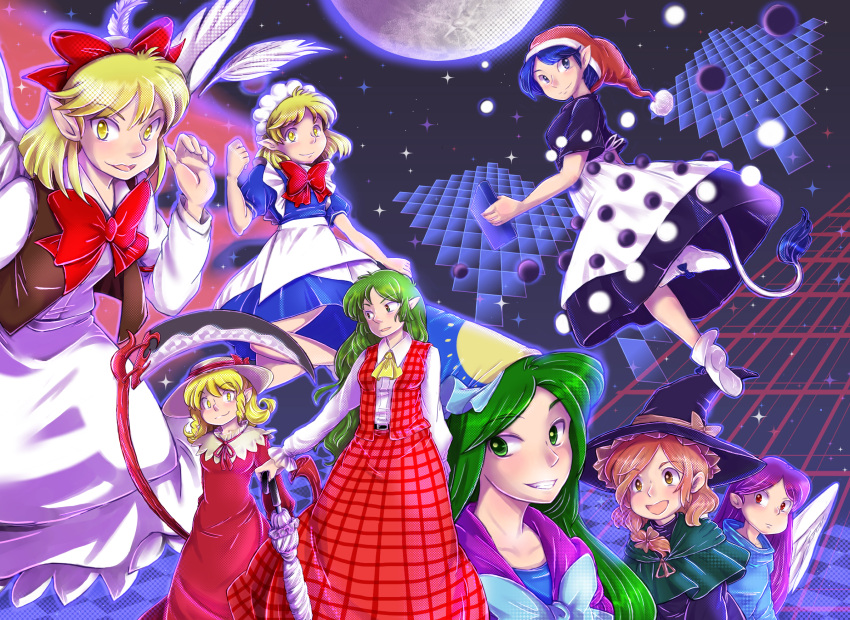 6+girls angel_wings blonde_hair blue_eyes blue_hair doremy_sweet elly gengetsu green_eyes green_hair hair_ribbon hat highres kazami_yuuka kirisame_marisa kirisame_marisa_(pc-98) mad-tuna maid maid_headdress matenshi mima moon mugetsu multiple_girls muutzi nightcap plaid plaid_skirt plaid_vest pointy_ears purple_hair red_eyes redhead ribbon scythe skirt smile socks touhou touhou_(pc-98) umbrella wings witch_hat wizard_hat yellow_eyes