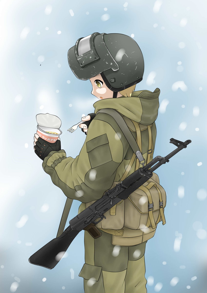 1girl absurdres ak-74 ak-74m assault_rifle blonde_hair commentary fingerless_gloves food fork from_behind gloves gun helmet highres military military_uniform millimeter noodles original rifle russia snowing solo spetsnaz uniform weapon yellow_eyes