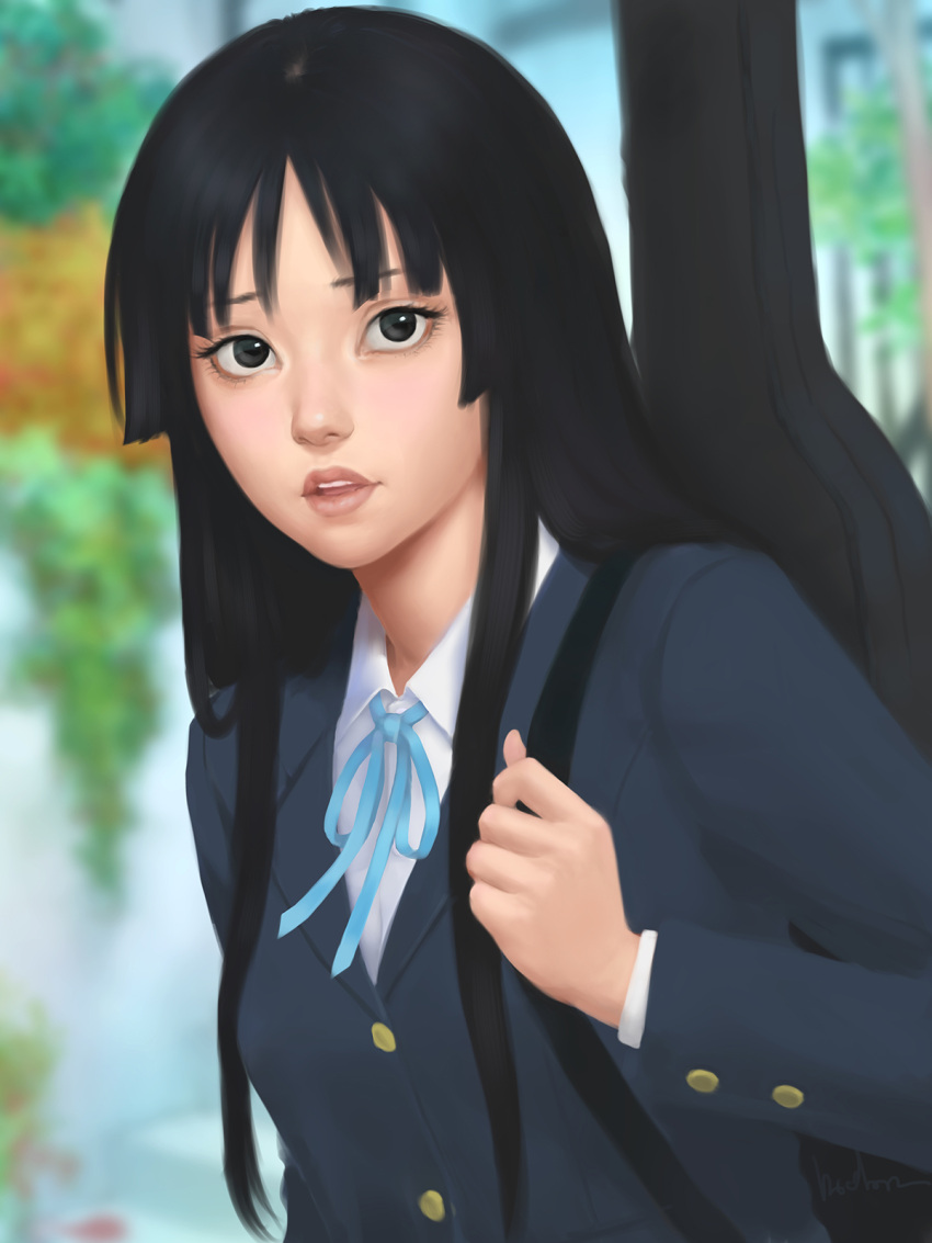 1girl akiyama_mio bangs black_eyes black_hair blurry depth_of_field gohpot guitar_case highres instrument_case k-on! long_hair necktie plant portrait school_uniform solo