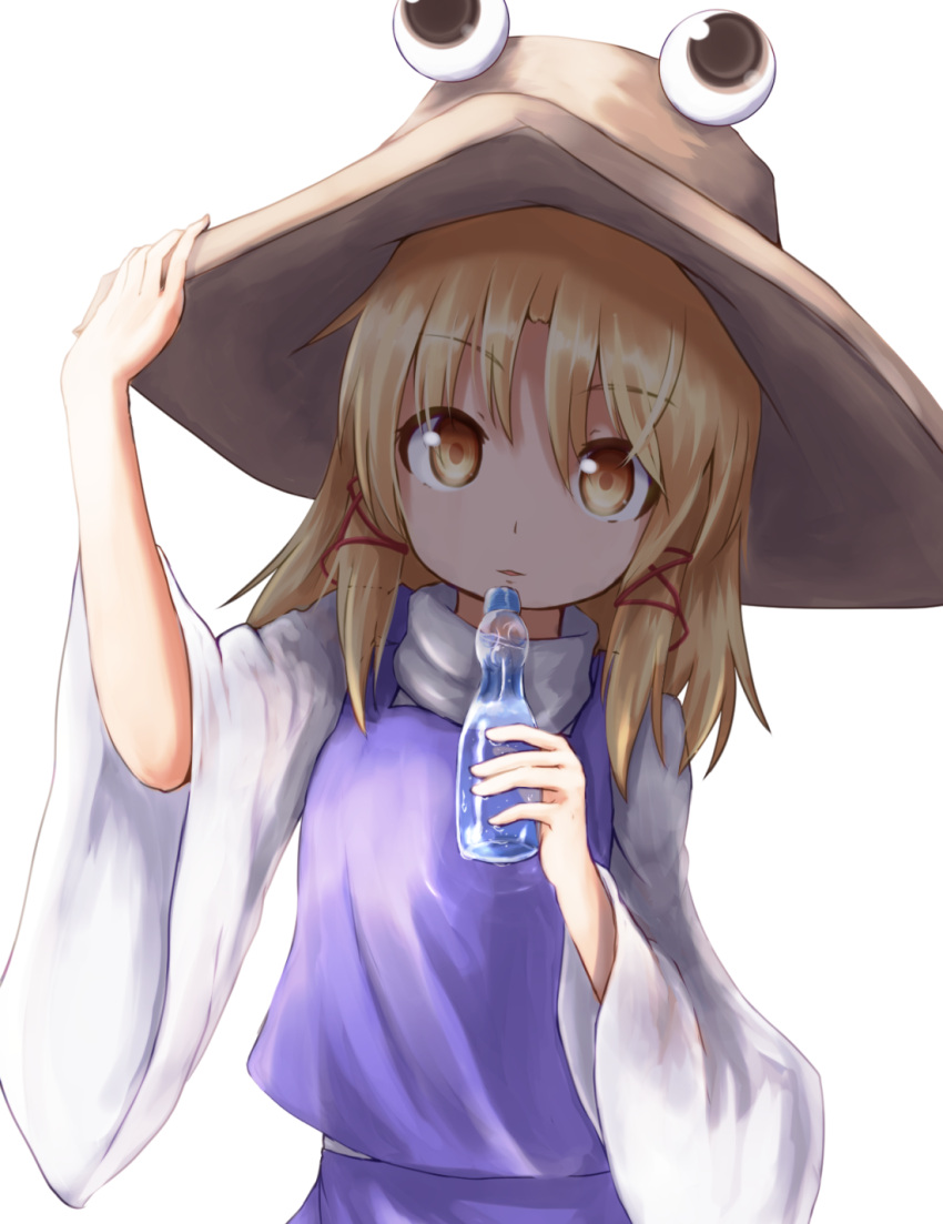1girl baram blonde_hair hair_ribbon hand_on_headwear hat highres leaning_over long_sleeves looking_at_viewer moriya_suwako parted_lips payot ramune ribbon short_hair simple_background skirt skirt_set solo touhou upper_body white_background yellow_eyes