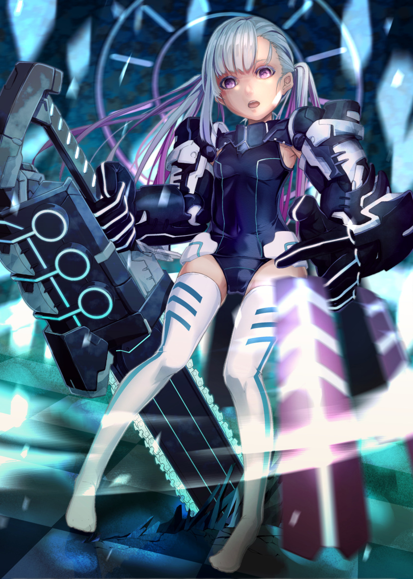1girl armpits boots chainsaw checkered checkered_floor covered_navel full_body gauntlets gradient_hair highres long_hair looking_at_viewer mecha_musume million_arthur_(series) miya-ki_(miya_key) multicolored_hair neon_trim one-piece_swimsuit open_mouth original pigeon-toed school_swimsuit silver_hair skin_tight solo standing swimsuit thigh-highs thigh_boots twintails violet_eyes white_legwear