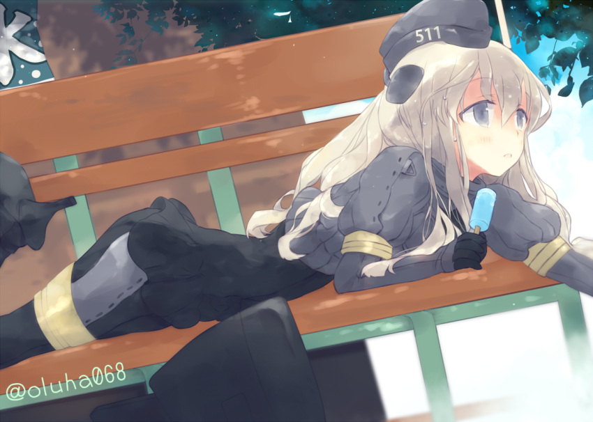 1girl bench blonde_hair blue_eyes food garrison_cap hat ice_cream kantai_collection long_hair oluha solo u-511_(kantai_collection) uniform