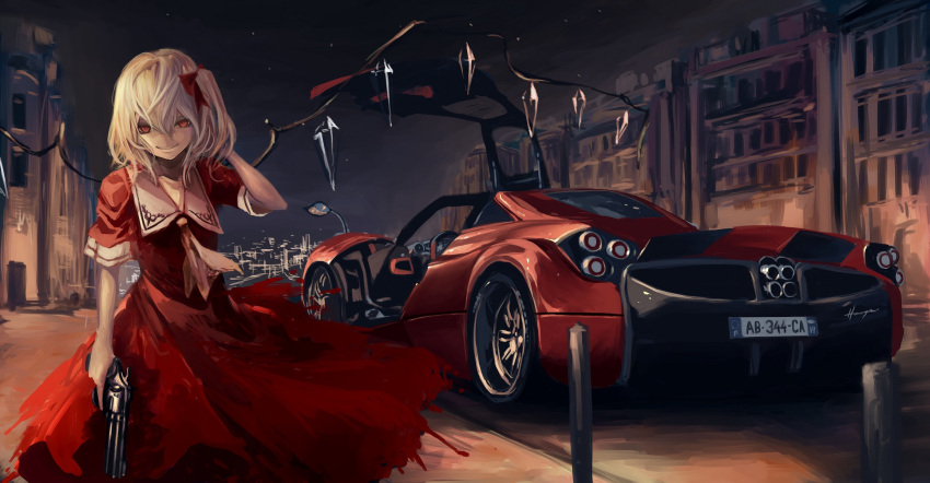 1girl blonde_hair bow car city city_lights dress flandre_scarlet gun hair_bow highres looking_at_viewer motor_vehicle night pagani_huayra red_dress red_eyes revolver road short_sleeves side_ponytail smile solo street terabyte_(rook777) touhou vehicle weapon wings