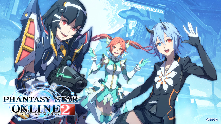 android black_hair blue_hair gun heterochromia highres horns idol io_(pso2) lisa_(pso2) machine_gun multicolored_hair official_art orange_eyes orange_hair phantasy_star phantasy_star_online_2 quna_(pso2) red_eyes robot_joints simple_background smile thigh-highs twintails weapon