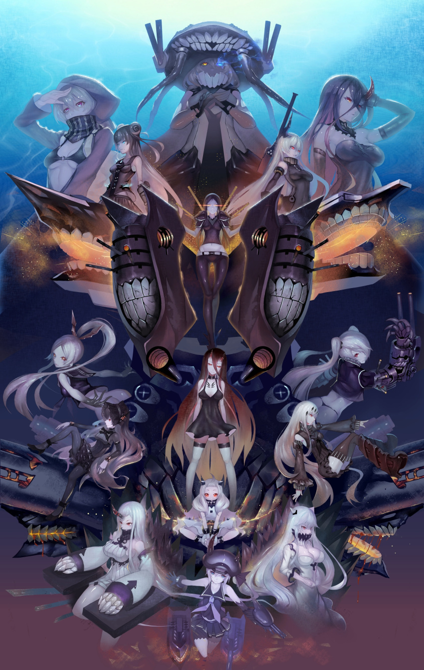 6+girls absurdres ahoge aircraft_carrier_water_oni anchorage_oni armored_aircraft_carrier_oni artist_request battleship-symbiotic_hime battleship_water_oni bikini_top black_dress black_hair blue_eyes breasts cape choker claws cleavage covered_mouth destroyer_hime detached_sleeves double_bun dress glowing glowing_eye glowing_eyes headgear heterochromia highres hooded_jacket horn horns isolated_island_oni kantai_collection light_cruiser_oni long_hair looking_at_viewer machinery midway_hime mittens multiple_girls navel northern_ocean_hime orange_eyes pleated_skirt re-class_battleship red_eyes ru-class_battleship school_uniform seaport_hime serafuku shinkaisei-kan short_hair side_ponytail sitting skirt southern_ocean_oni twintails weilaifyxinwang white_dress white_hair white_skin wo-class_aircraft_carrier yellow_eyes