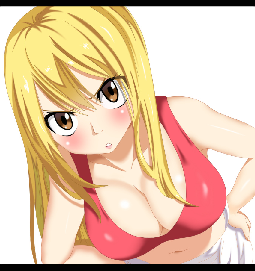 1girl angry blonde_hair blush breasts brown_eyes cleavage fairy_tail highres large_breasts lipstick long_hair lucy_heartfilia makeup simple_background