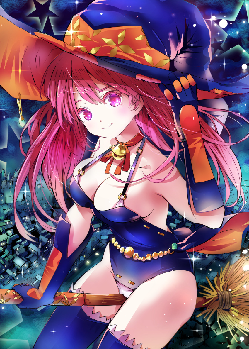 1girl bell bell_collar blue_legwear breasts broom broom_riding city city_lights cityscape cleavage collar gloves hat highres large_breasts long_hair looking_at_viewer original pes pink_eyes pink_hair solo star thigh-highs witch witch_hat