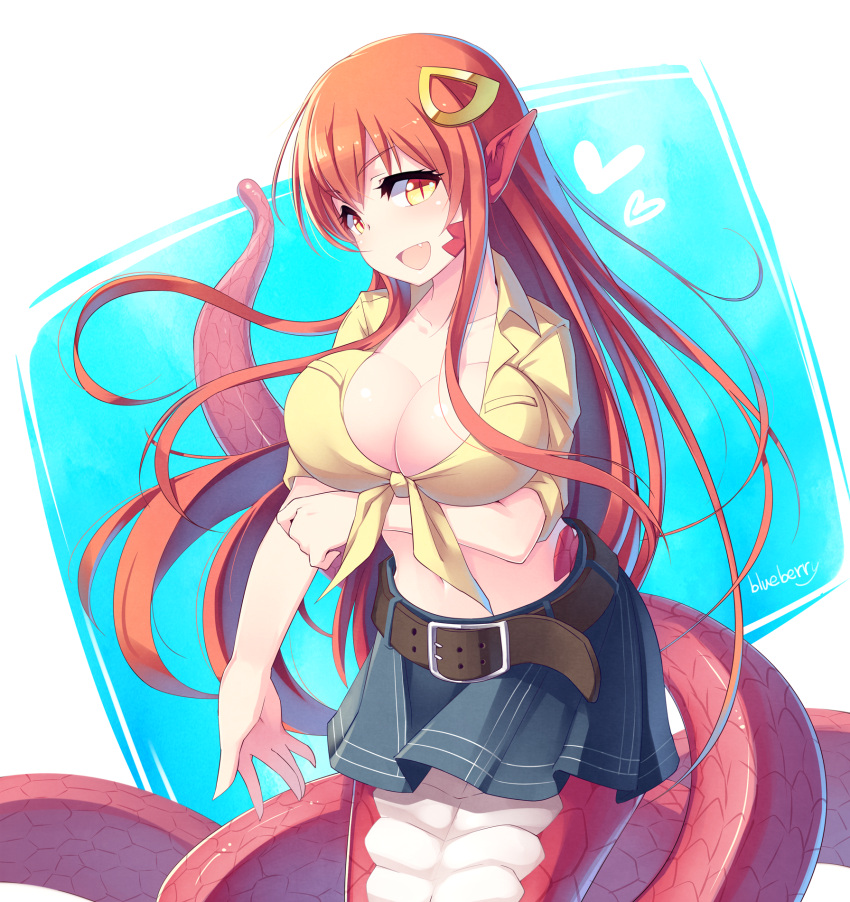 1girl :d artist_name belt blonde_hair blueberry_(5959) breast_hold breasts cleavage fang front-tie_top hair_ornament heart highres lamia large_breasts long_hair looking_at_viewer miia_(monster_musume) monster_girl monster_musume_no_iru_nichijou open_mouth pointy_ears redhead skirt slit_pupils smile snake_tail solo tail