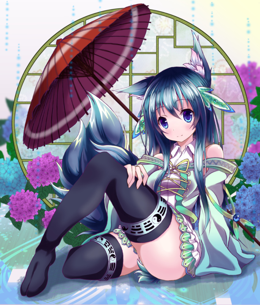 1girl animal_ears black_legwear blue_eyes blue_hair blurry depth_of_field floral_background flower fox_ears fox_girl fox_tail hair_ornament hand_on_own_thigh highres hydrangea kittona knee_up layered_dress light_smile long_hair looking_at_viewer multiple_tails oriental_umbrella original payot reclining solo strap_slip tail thigh-highs trigram umbrella very_long_hair window yin_yang