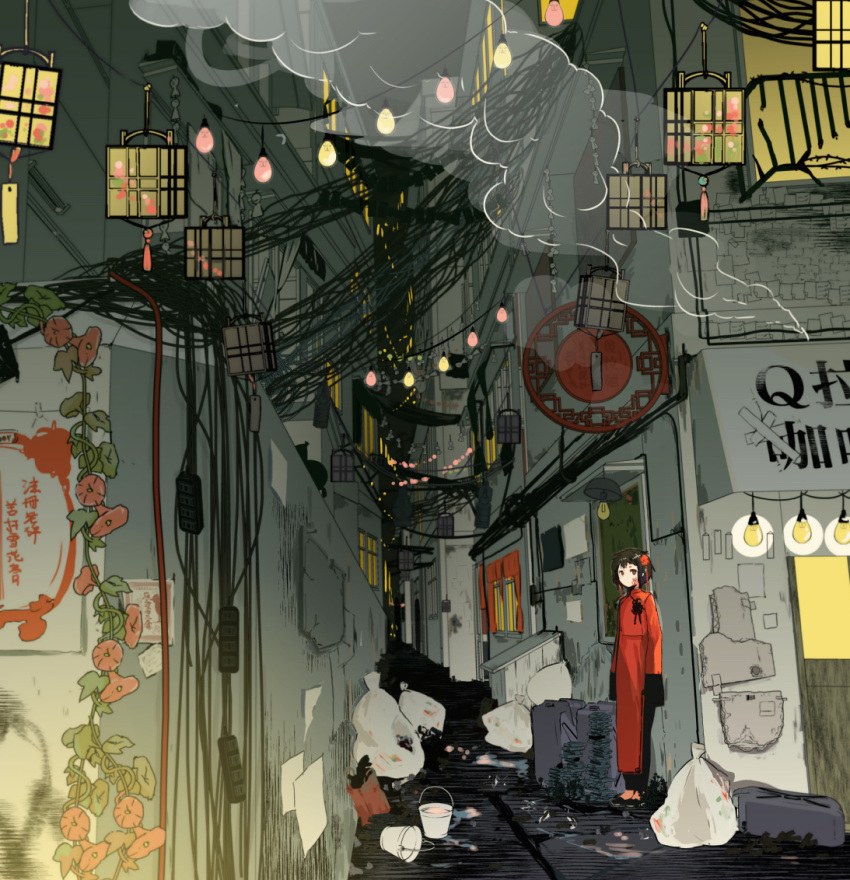 1girl alley black_hair bucket chinese_clothes floral_background garbage hair_ornament lantern light_bulb looking_at_viewer omiomi_kekyu original short_hair sleeves_past_wrists solo steam vines