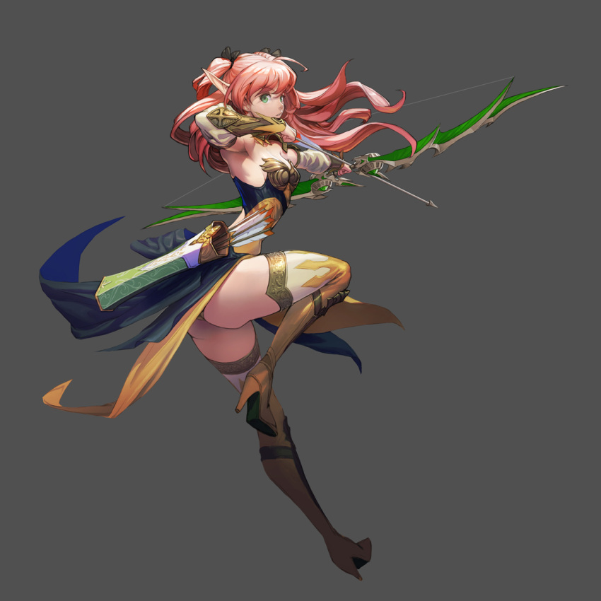1girl arrow ass bow_(weapon) green_eyes grey_background high_heels highres leg_up long_hair looking_at_viewer loped pink_hair pointy_ears simple_background solo thigh-highs thighs weapon white_legwear
