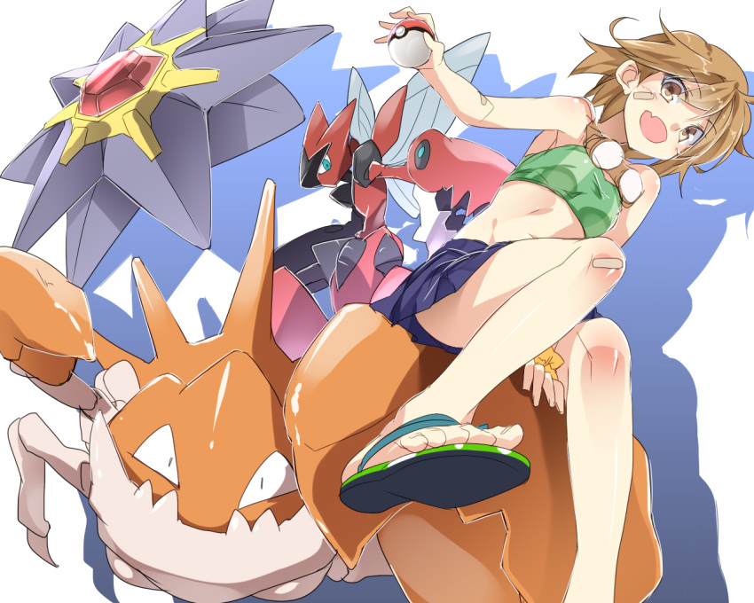 1girl kantai_collection kingler mega_pokemon mega_scizor mtu_(orewamuzituda) oboro_(kantai_collection) poke_ball pokemon pokemon_(creature) scizor starmie swimsuit