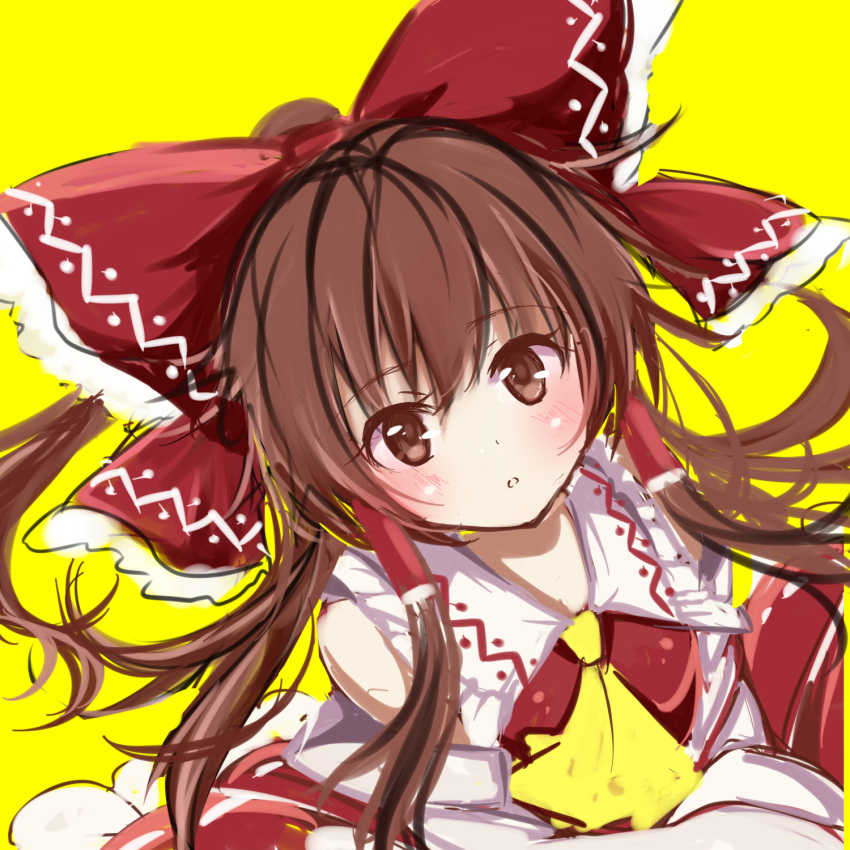 1girl ascot blush bow brown_eyes brown_hair chako_(chakoxxx) collarbone detached_sleeves hair_bow hair_tubes hakurei_reimu highres large_bow long_hair looking_at_viewer messy_hair parted_lips portrait simple_background sketch solo touhou yellow_background