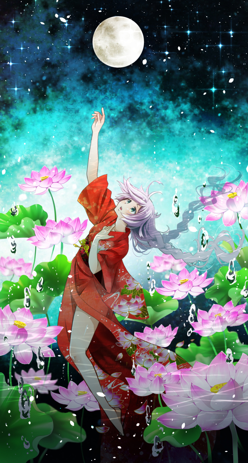 1girl alternate_costume aqua_eyes arm_up barefoot blue_background braid floral_print full_moon gradient gradient_background hand_on_own_chest highres japanese_clothes kimono lavender_hair leaning_back lily_pad long_hair looking_up moon obi open_mouth orihara_sachiko petals rana_(vocaloid) reaching sash solo star_(sky) twin_braids very_long_hair vocaloid water_droplets