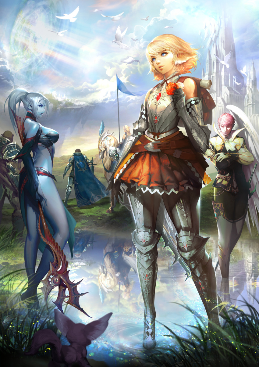 3boys 3girls absurdres animal armor ascot backpack bag bald barding bird blonde_hair blue_eyes boots breastplate breasts brown_hair cape castle clouds cloudy_sky crossed_arms dark_elf detached_sleeves dove elbow_gloves elf ertheia facial_mark fantasy faulds flag flagpole flat_chest flower gauntlets gloves grass greaves highres horseback_riding kamael landscape large_breasts leg_armor lineage lineage_2 long_hair multiple_boys multiple_girls orc pauldrons pink_hair pleated_skirt pointy_ears ponytail riding scroll short_hair silver_hair single_wing skirt sky staff standing sword thigh-highs thigh_boots water weapon wings
