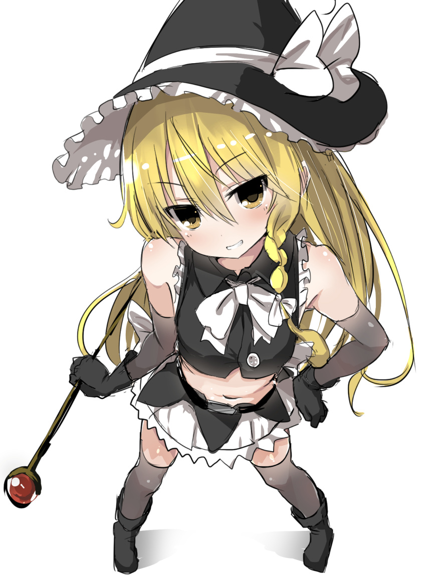 1girl 5240mosu adapted_costume alternate_costume bare_shoulders belt black_gloves blonde_hair boots bow bowtie braid crop_top crop_top_overhang elbow_gloves from_above full_body gloves grey_legwear grin hair_bow hat hat_ribbon highres kirisame_marisa long_hair looking_at_viewer midriff miniskirt navel ribbon side_braid simple_background single_braid skirt sleeveless smile solo thigh-highs touhou white_background witch_hat yellow_eyes zettai_ryouiki