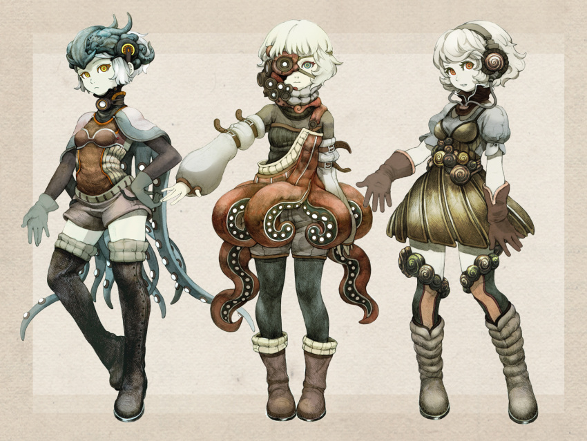 3girls belt boots detached_sleeves dress gloves green_eyes highres long_sleeves looking_at_viewer multiple_girls niji_(pixiv_id_355604) octopus_costume original puffy_long_sleeves puffy_short_sleeves puffy_sleeves red_eyes ringed_eyes short_hair short_shorts short_sleeves shorts simple_background steampunk tentacles thigh-highs white_background yellow_eyes