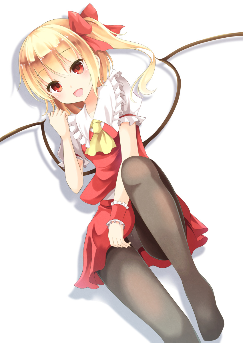 1girl :d absurdres ascot black_legwear blonde_hair blush bow flandre_scarlet hair_bow highres looking_at_viewer lying no_hat on_back open_mouth pantyhose pen-zin red_eyes side_ponytail simple_background smile solo touhou white_background wings wrist_cuffs