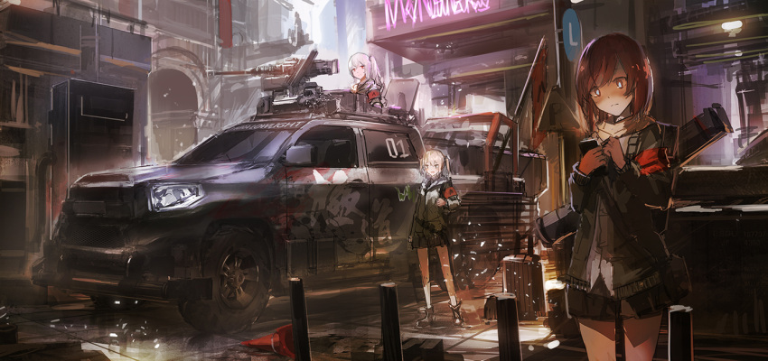 3girls brown_hair cellphone gun motor_vehicle multiple_girls open_mouth phone pixiv_fantasia pixiv_fantasia_t red_eyes renatus.z side_ponytail smartphone technical truck twintails vehicle weapon white_hair