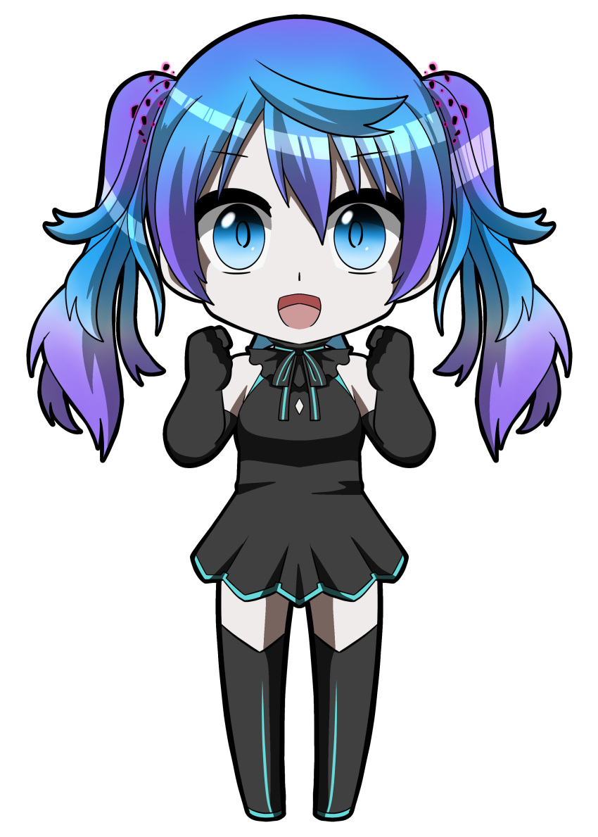 1girl absurdres alternate_costume alternate_hair_length alternate_hairstyle bare_shoulders black_dress black_gloves black_hair black_neckwear black_ribbon blue_eyes blue_hair chibi commentary dress elbow_gloves eyebrows_visible_through_hair full_body ghost_rule_(vocaloid) gloves gradient_hair hatsune_miku highres koro_koro0606 looking_at_viewer multicolored_hair neck_ribbon open_mouth pale_skin pleated_dress purple_hair ribbon shiny shiny_hair simple_background sleeveless sleeveless_dress smile solo thigh-highs twintails vocaloid white_background