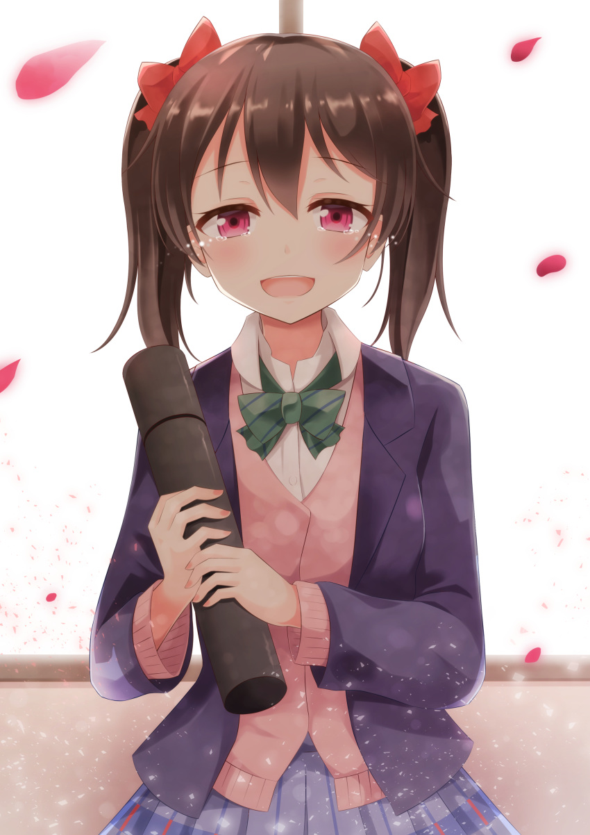 1girl absurdres black_hair blush bow cardigan graduation hair_bow highres looking_at_viewer love_live!_school_idol_project open_mouth pen-zin petals pink_eyes school_uniform short_hair skirt solo tears tube twintails upper_body yazawa_nico