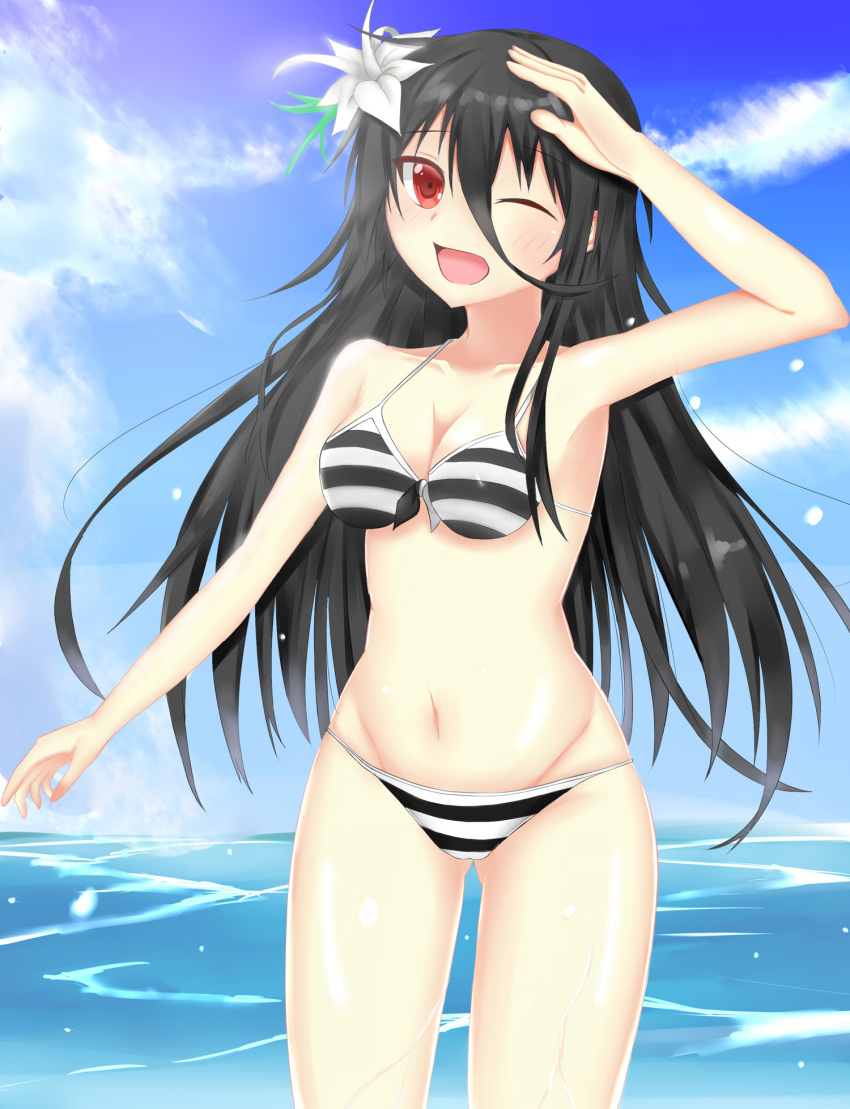 1girl bikini black_hair highres kuro_wa_shinoru one_eye_closed original red_eyes standing swimsuit