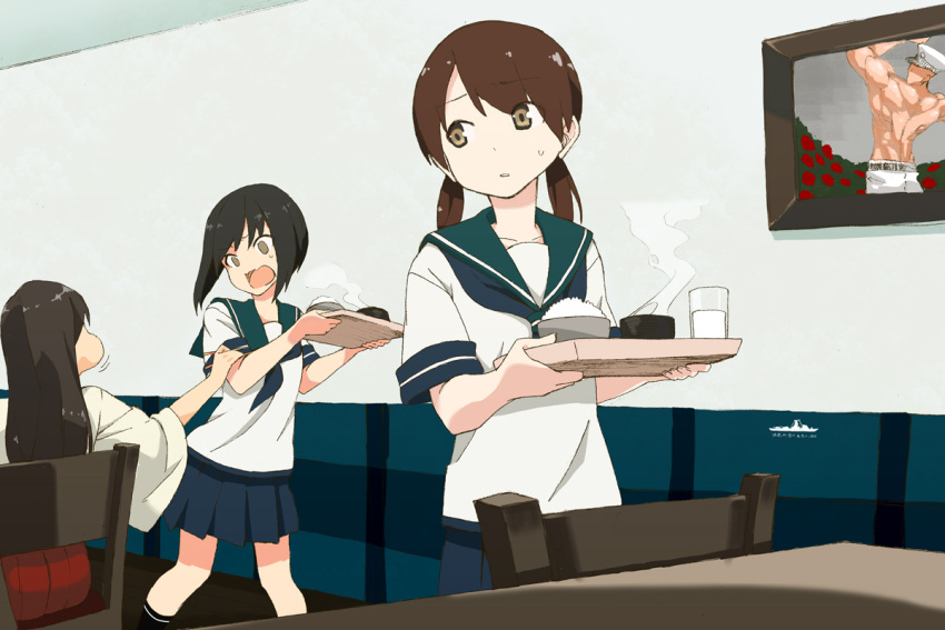 1boy 3girls admiral_(kantai_collection) akagi_(kantai_collection) black_hair blue_skirt brown_eyes brown_hair cheek_bulge fubuki_(kantai_collection) holding indoors kantai_collection long_hair looking_back manly multiple_girls open_mouth photo_(object) pleated_skirt rice rice_bowl shirayuki_(kantai_collection) shirubaburu short_hair short_sleeves skirt sweatdrop tray twintails