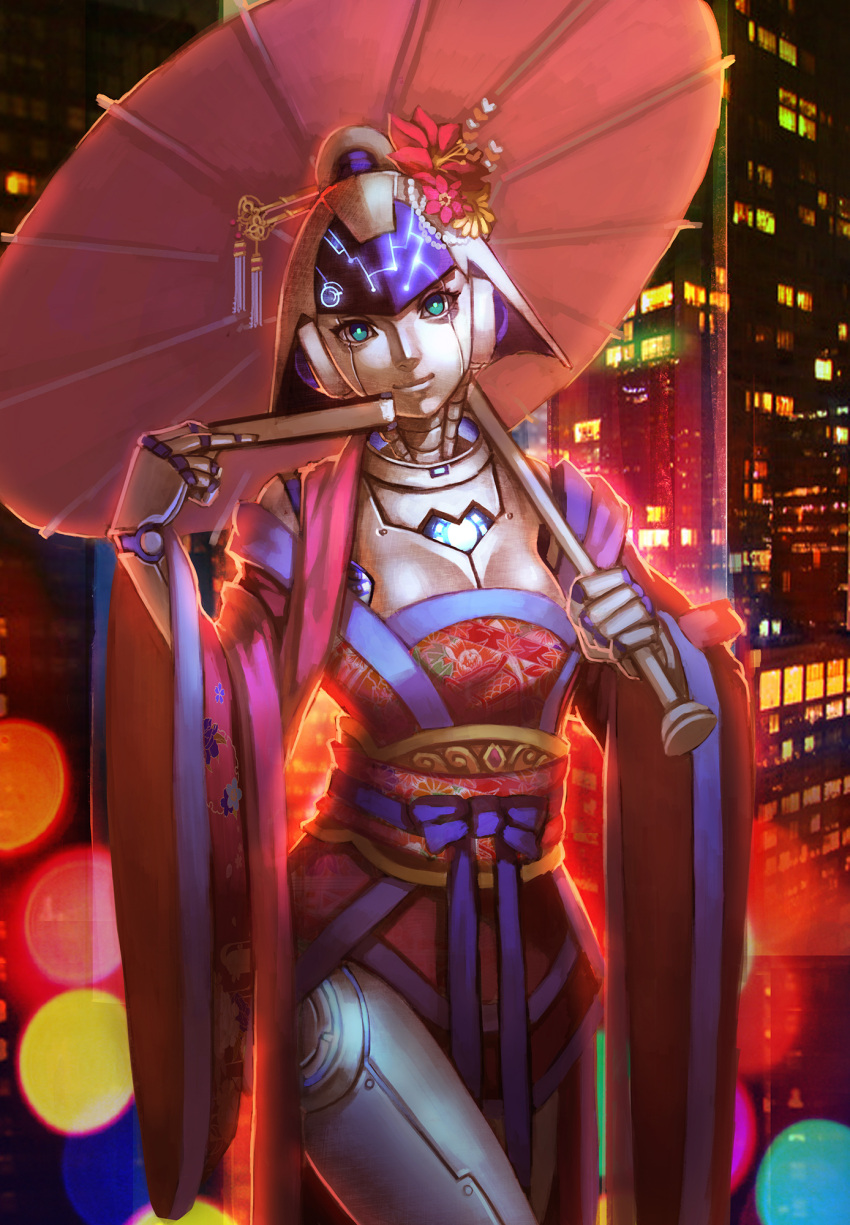 1girl android aqua_eyes breasts building city cleavage cowboy_shot flower glowing hair_flower hair_ornament hair_stick highres japanese_clothes kalata kimono light_smile looking_at_viewer oriental_umbrella original science_fiction skyscraper solo umbrella