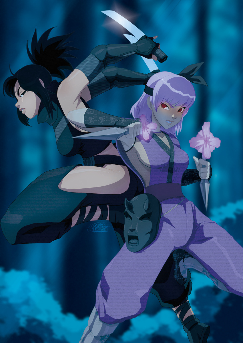 2girls ayame_(tenchu) ayane ayane_(doa) back-to-back black_hair blue_eyes breasts crossover dead_or_alive detached_sleeves dual_wielding fishnets highres hip_vent kunai lips multiple_girls ninja pinky_out purple_hair red_eyes reverse_grip short_ponytail sideboob tabi tantou tenchuu tovio_rogers vambraces weapon