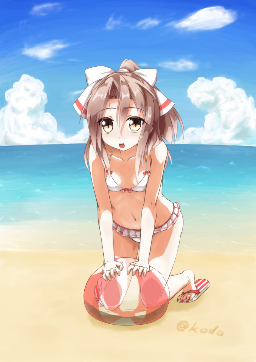 1girl ball beach beachball blue_sky blush bow_bikini breasts brown_eyes brown_hair clouds collarbone flat_chest full_body hachimaki hair_ribbon headband high_ponytail highres kantai_collection koda long_hair looking_at_viewer open_mouth outdoors ponytail ribbon sandals sky smile solo swimsuit twitter_username zuihou_(kantai_collection)