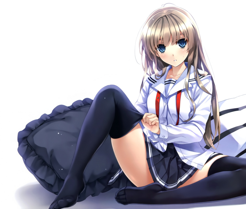 1girl absurdres black_legwear blonde_hair blue_eyes blush highres huge_filesize knee_up long_hair looking_at_viewer misaki_kurehito parted_lips pillow pleated_skirt saenai_heroine_no_sodatekata sawamura_spencer_eriri school_uniform sitting skirt solo sweatdrop thigh-highs