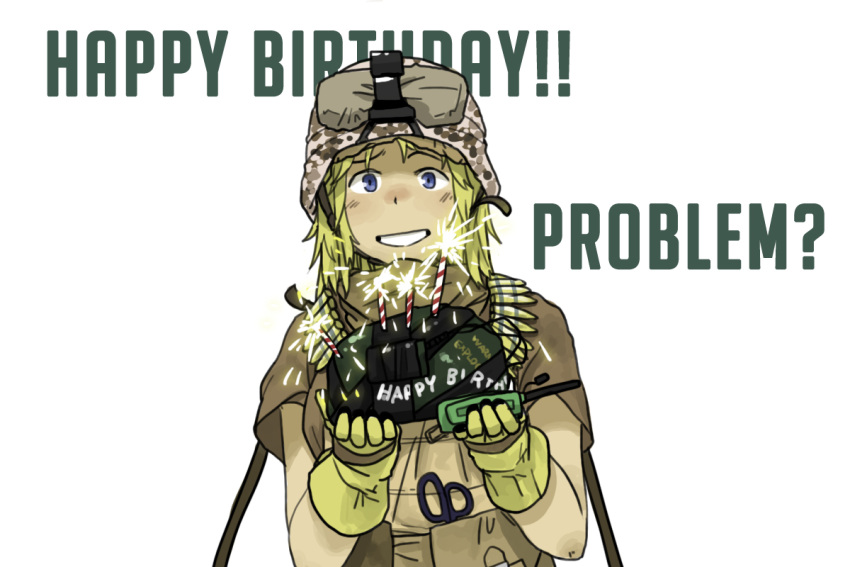 1girl anyan_(jooho) battlefield_3 blonde_hair blue_eyes bullet bullet_necklace c4 candle english gloves grin hat helmet looking_at_viewer military military_hat military_uniform scissors simple_background smile uniform white_background